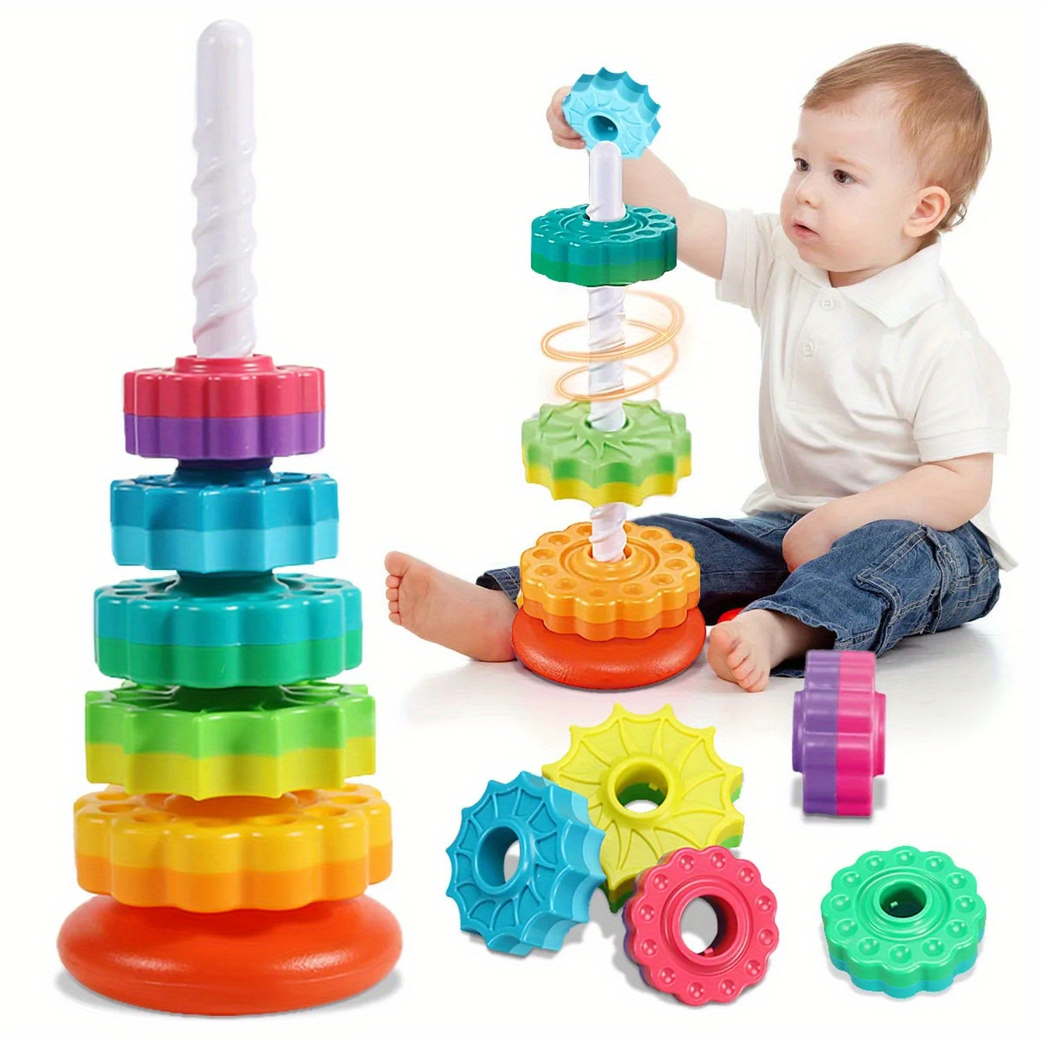 Toddler Learning Tower - Rotierendes Regenbogenturm-Stapel- und Unstack-Puzzlespielzeug mit 6